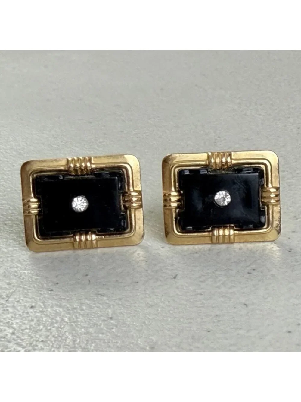 Vintage Black Rectangle Crystal Rhinestone Cuff Links Gold Tone Metal Cufflinks